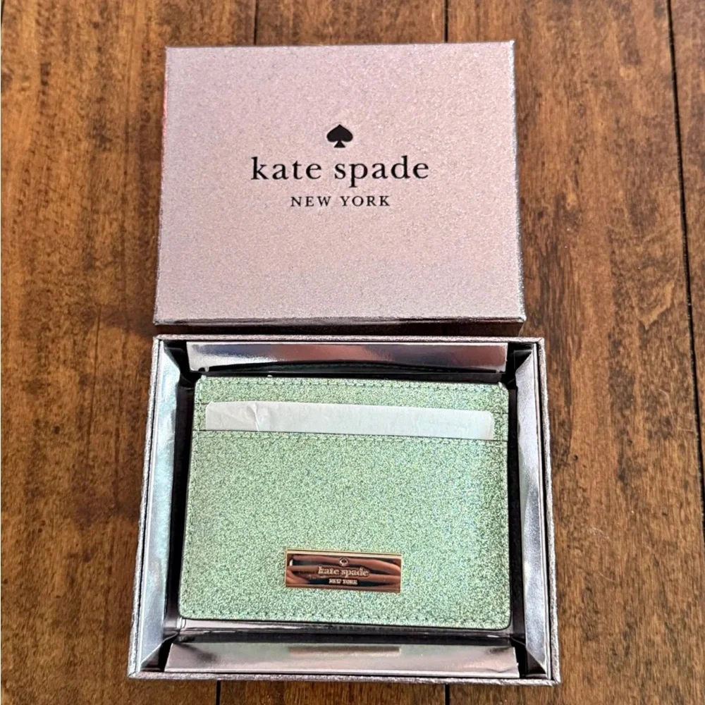 kate spade Mint Green Glitter Card Holder with Rose Gold Plate